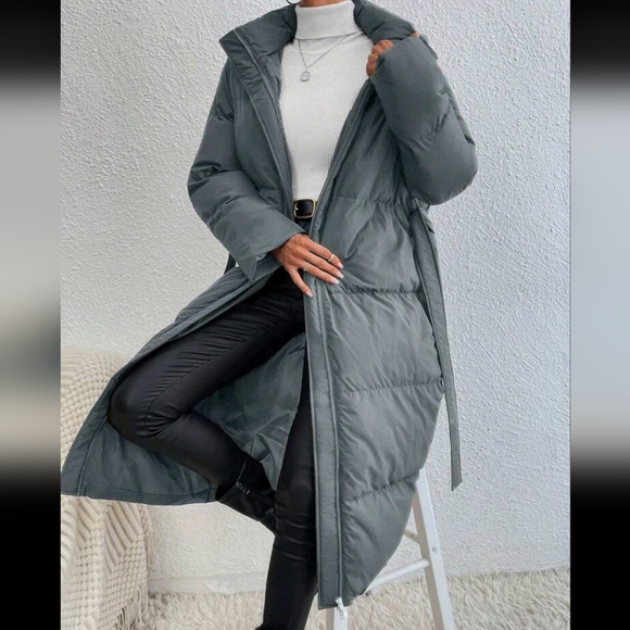 Jackets & Blazers - Solid Color Hooded Belted Long Padded Jacket